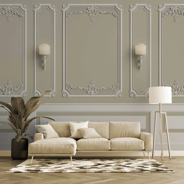 3D Kahverengi ve Beyaz Panel Duvar Kağıdı Baskı