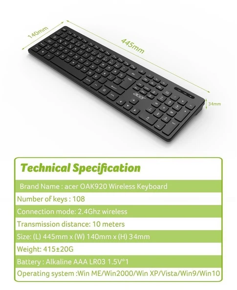 Acer OAK-920 Siyah Kablosuz Klavye 2.4Ghz Caps Lock (Smart Tv- Wifi) ürün görseli