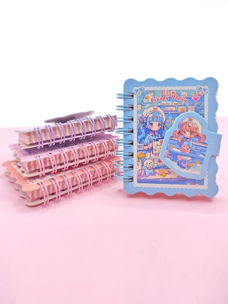 Candy Sevimli Kız Cırtlı Cep Boy Mini Not Defteri (7x8 cm) - Mavi