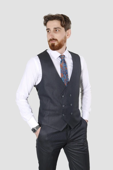 Erkek Tek Düğme Desenli Yelekli Slim Fit Takım Elbise W8211-LACİVERT - 3