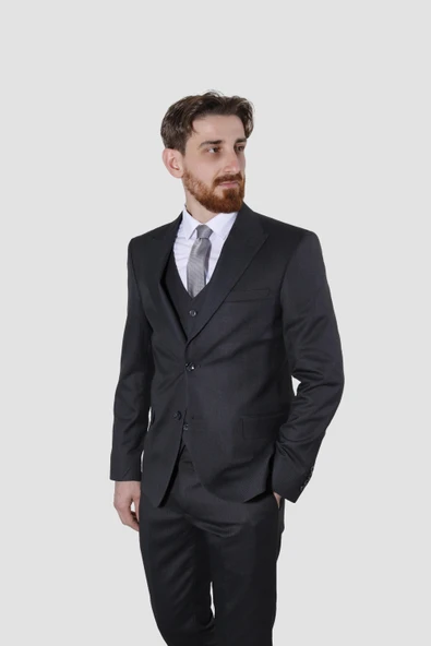 Erkek Desenli Yelekli Slim Fit Takım Elbise 6000Y-14GRİ