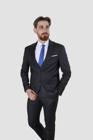 Erkek Çizgili Yelekli Slim Fit Takım Elbise 6566-ANTRASİT - 2