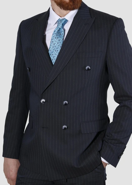 Erkek Çizgil Kruvaze Slim Fit Takım Elbise ARMADA10-LACİVERT - 2