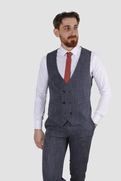 Erkek Tek Düğme Çizgili Desenli Yelekli Slim Fit Takım Elbise 6504-LACİVERT - 3