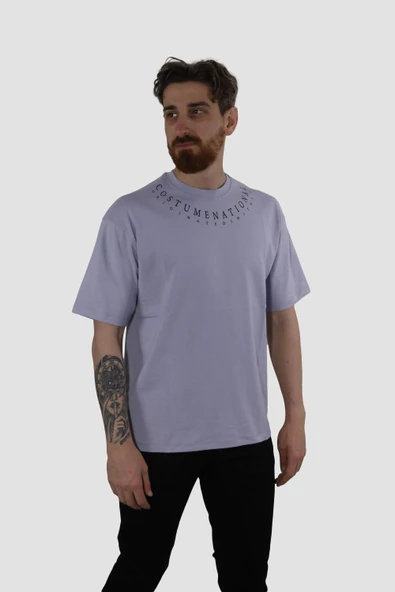 Erkek Bisiklet Yaka Yazı Baskılı Pamuklu Oversize Tişört 3125-LİLA