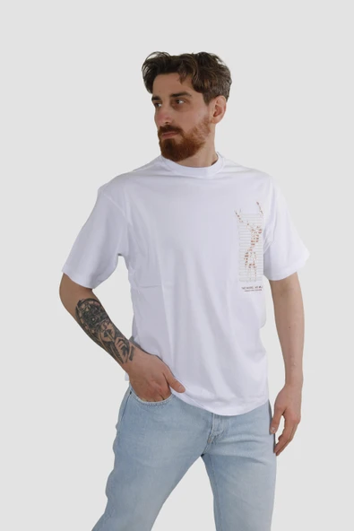 Erkek Bisiklet Yaka Geyik Baskılı Pamuklu Oversize Tişört-BEYAZ - Resim 2