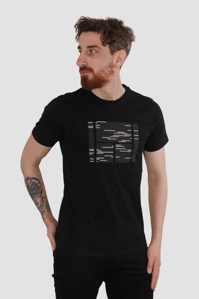 Erkek Bisiklet Yaka Basklı Pamuklu Slim Fit Tişört 3170-SİYAH - 2