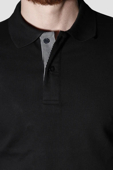 Erkek Polo Yaka Düz Pamuklu Slim Fit Tişört 3225Y-SİYAH - 3