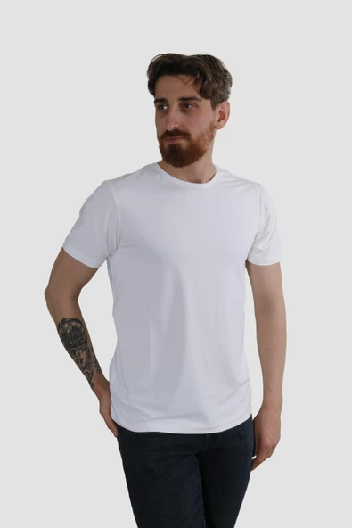 Erkek Bisiklet Yaka Basic Düz Pamuklu Slim Fit Tişört-BEYAZ - 2