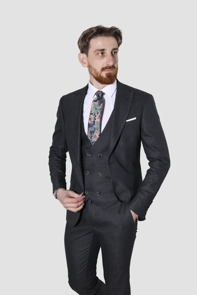 Erkek Çizgili Yelekli Slim Fit Takım Elbise 6566-SİYAH