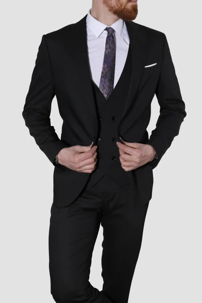 Erkek Tek Düğme Yelekli Slim Fit Takım Elbise 6008E-SİYAH - 3