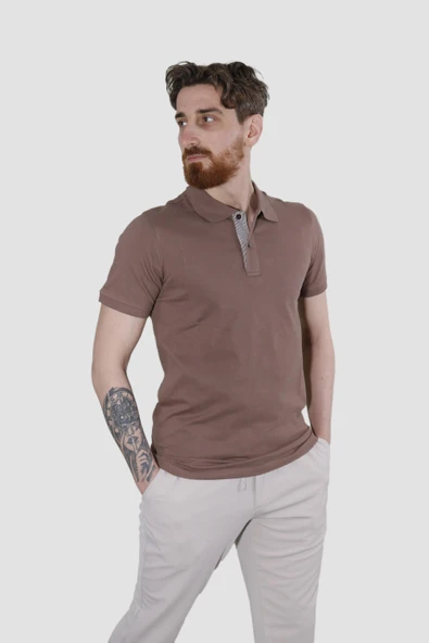 Erkek Polo Yaka Düz Pamuklu Slim Fit Tişört 3225Y-KAHVE