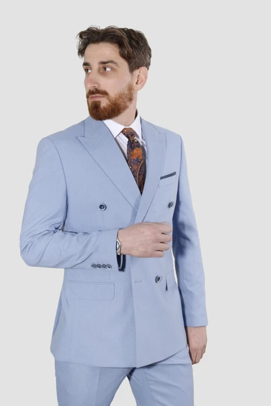 Erkek Kruvaze Slim Fit Takım Elbise 3023-MAVİ - 2