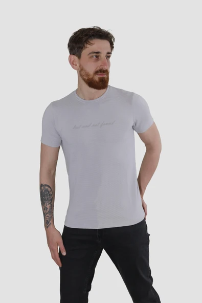 Erkek Bisiklet Yaka Jakarlı Pamuklu Slim Fit Tişört 3185-TAŞ