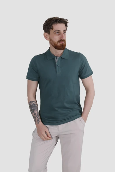 Erkek Polo Yaka Düz Pamuklu Slim Fit Tişört 3225Y-KOYU YEŞİL