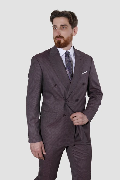 Erkek Çizgili Kruvaze Slim Fit Takım Elbise 6562-VİŞNE