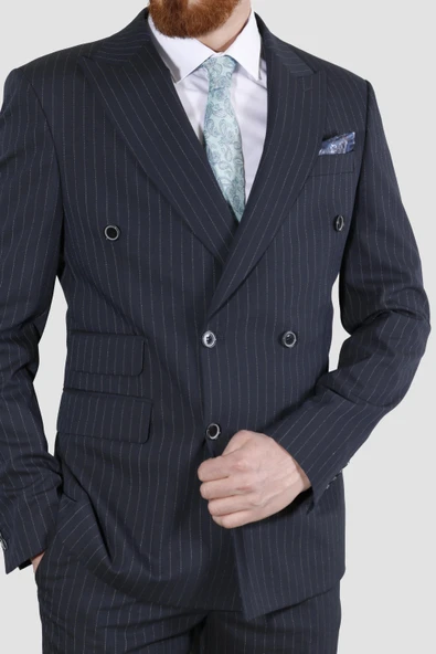 Erkek Çizgili Kruvaze Slim Fit Takım Elbise 6025-K.LACİVERT - 2