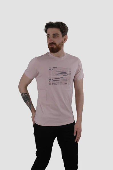 Erkek Bisiklet Yaka Basklı Pamuklu Slim Fit Tişört 3170-AÇIK GÜL