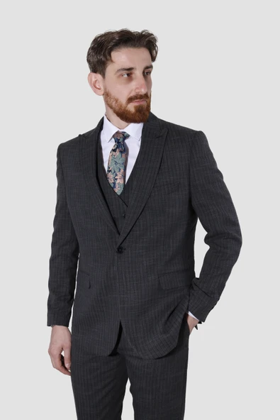 Erkek Tek Düğme Yelekli Slim Fit Takım Elbise 2805-ANTRASİT - 2