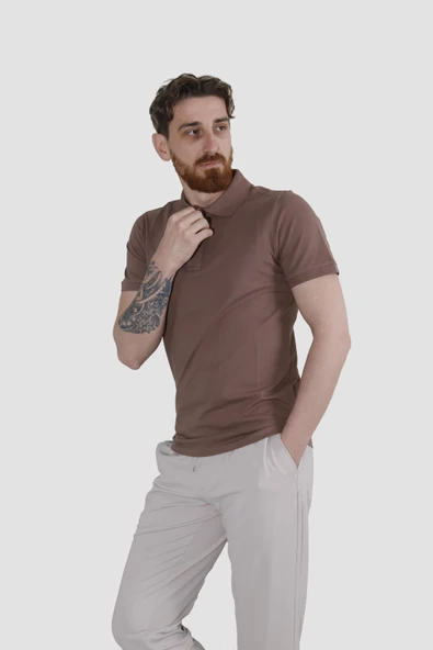 Erkek Polo Yaka Düz Pamuklu Slim Fit Tişört 3225Y-KAHVE - 2