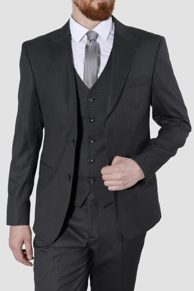 Erkek Desenli Yelekli Slim Fit Takım Elbise 6000Y-14GRİ - 3