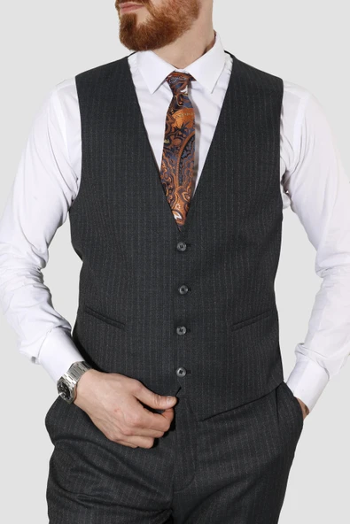 Erkek Tek Düğme Çizgili Desenli Slim Fit Takım Elbise 4051-SİYAH - 3
