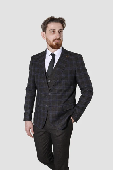 Erkek Desenli Yelekli Slim Fit Takım Elbise 2865-KAHVE