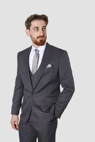 Erkek Armürlü Yelekli Slim Fit Takım Elbise 2810-ANTRASİT - 2