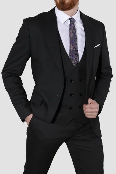 Erkek Tek Düğme Yelekli Slim Fit Takım Elbise 6008E-SİYAH - 4