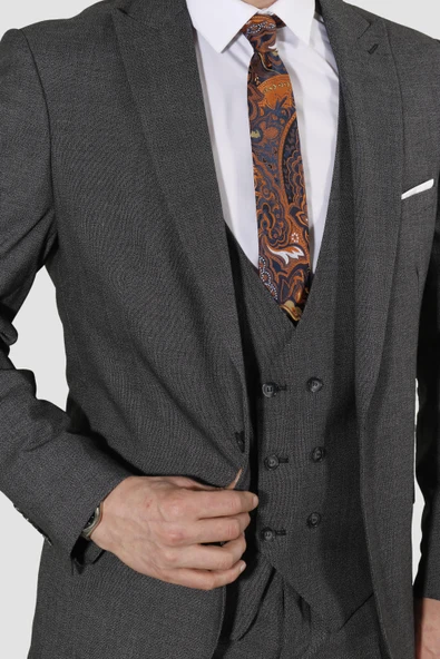 Erkek Tek Düğme Desenli Yelekli Slim Fit Takım Elbise 7485-GRİ - 3