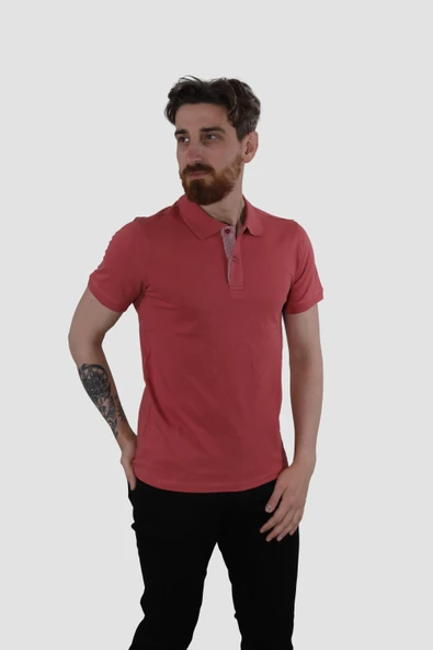 Erkek Polo Yaka Düz Pamuklu Slim Fit Tişört 3225Y-GÜL KURUSU - 2