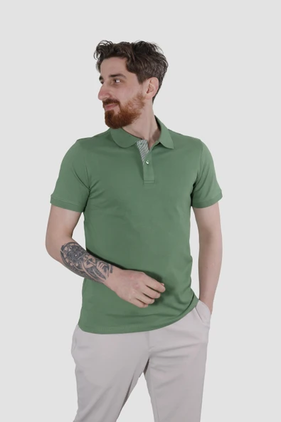 Erkek Polo Yaka Düz Pamuklu Slim Fit Tişört 3225Y-YEŞİL