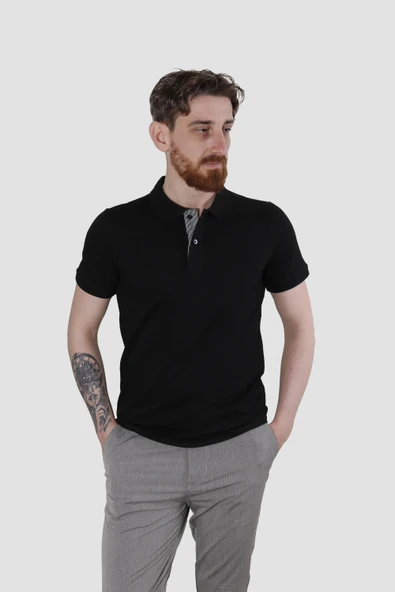 Erkek Polo Yaka Düz Pamuklu Slim Fit Tişört 3225Y-SİYAH - 2