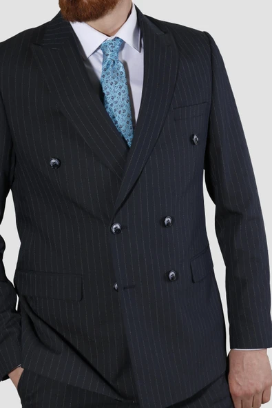 Erkek Çizgil Kruvaze Slim Fit Takım Elbise ARMADA10-LACİVERT - 3
