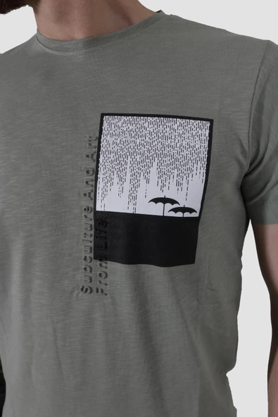 Erkek Bisiklet Yaka Baskılı Pamuklu Slim Fit Tişört 3148-YEŞİL - Resim 3