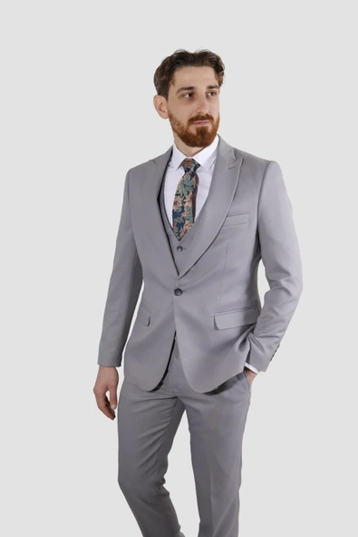 Erkek Armürlü Yelekli Slim Fit Takım Elbise 2810-GRİ - 2