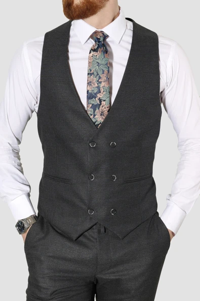 Erkek Çizgili Yelekli Slim Fit Takım Elbise 6566-SİYAH - 3