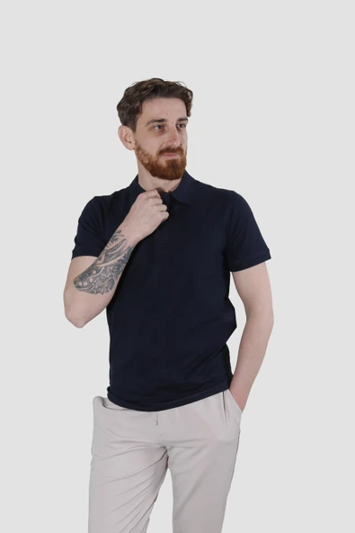 Erkek Polo Yaka Düz Pamuklu Slim Fit Tişört 3225Y-LACİVERT