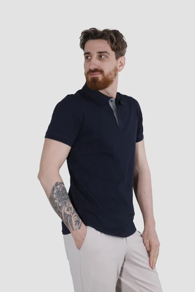 Erkek Polo Yaka Düz Pamuklu Slim Fit Tişört 3225Y-LACİVERT - Resim 2