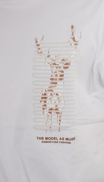 Erkek Bisiklet Yaka Geyik Baskılı Pamuklu Oversize Tişört-BEYAZ - Resim 3