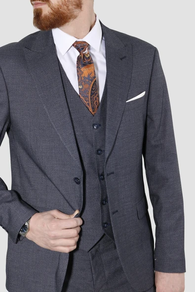 Erkek Desenli Yelekli Slim Fit Takım Elbise 6570-LACİVERT - 3