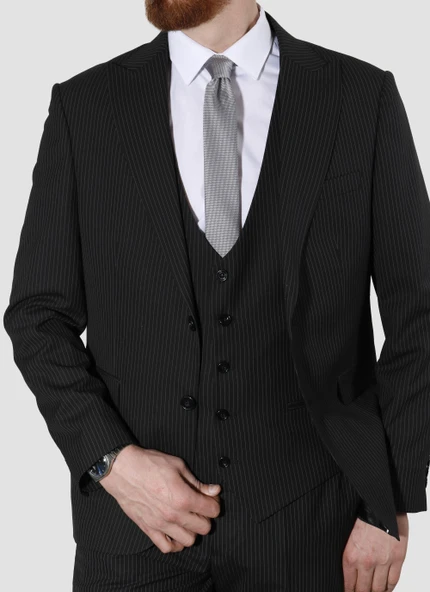 Erkek Çizgili Yelekli Slim Fit Takım Elbise MK37-SİYAH - 3