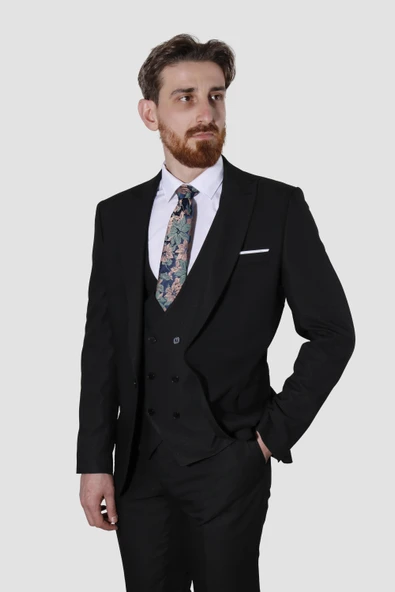 Erkek Tek Düğme Armürlü Yelekli Slim Fit Takım Elbise 6050-SİYAH - 2