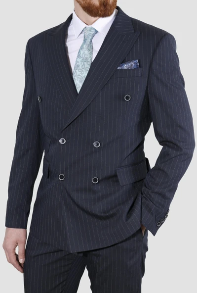 Erkek Çizgili Kruvaze Slim Fit Takım Elbise 6025-K.LACİVERT - 3
