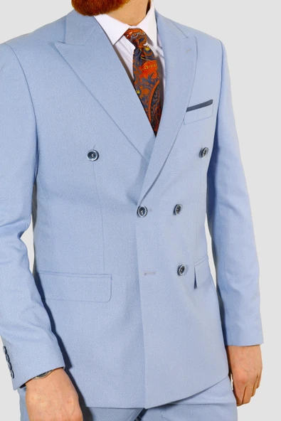 Erkek Kruvaze Slim Fit Takım Elbise 3023-MAVİ - 3