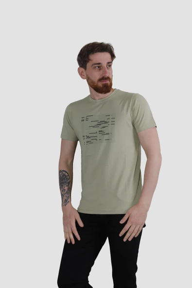 Erkek Bisiklet Yaka Basklı Pamuklu Slim Fit Tişört 3170-YEŞİL