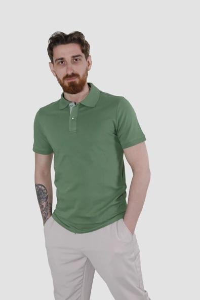 Erkek Polo Yaka Düz Pamuklu Slim Fit Tişört 3225Y-YEŞİL - 2