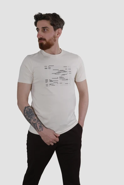 Erkek Bisiklet Yaka Basklı Pamuklu Slim Fit Tişört 3170-BEJ - 2