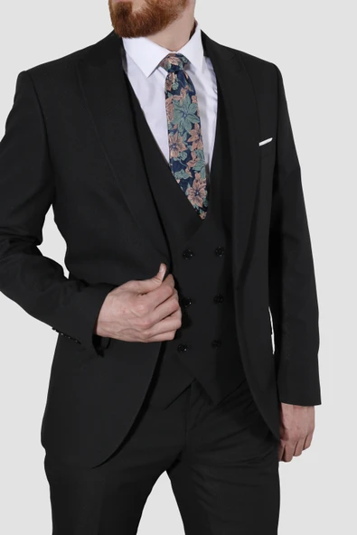 Erkek Tek Düğme Armürlü Yelekli Slim Fit Takım Elbise 6050-SİYAH - 3