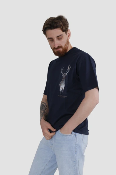 GLOBAY 3121 HSK OVERSIZE BASKILI T-SHIRT-LACİVERT
